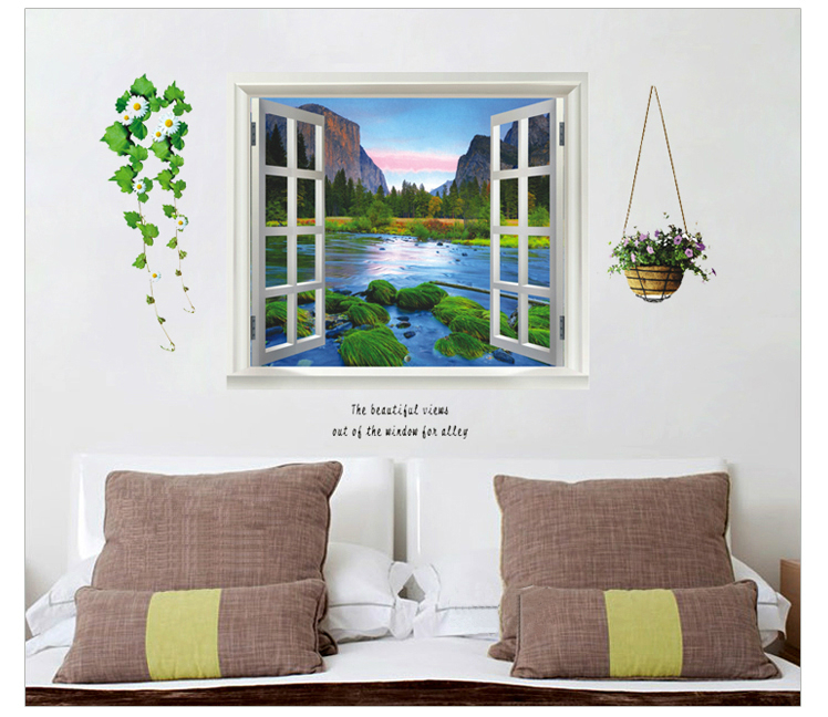Open Window Wall Sticker Decor with Mountains and Lake